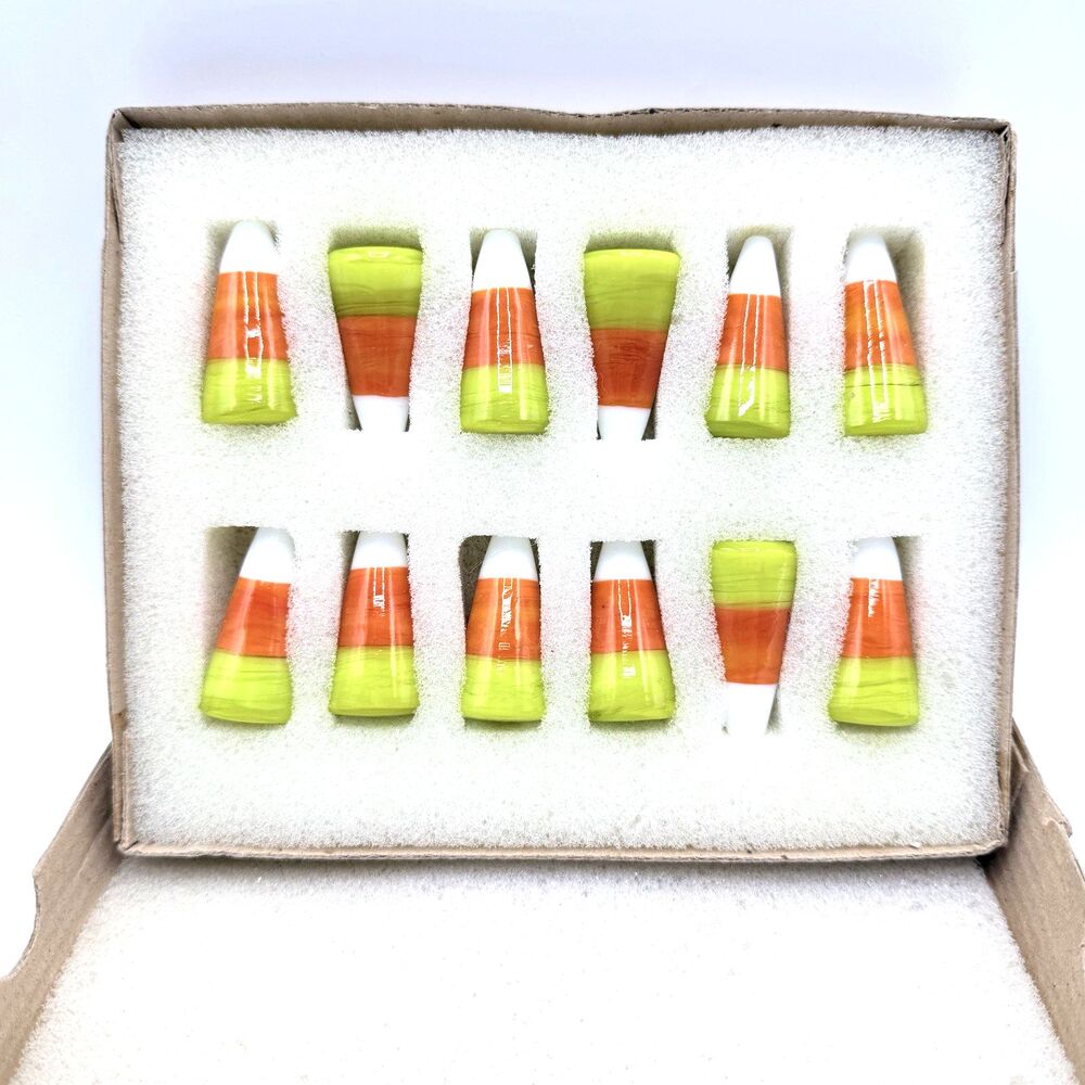 Vintage Lillian Vernon Candy Corn Glass Halloween Decor Set Of 12 Boxed 1-5/8"